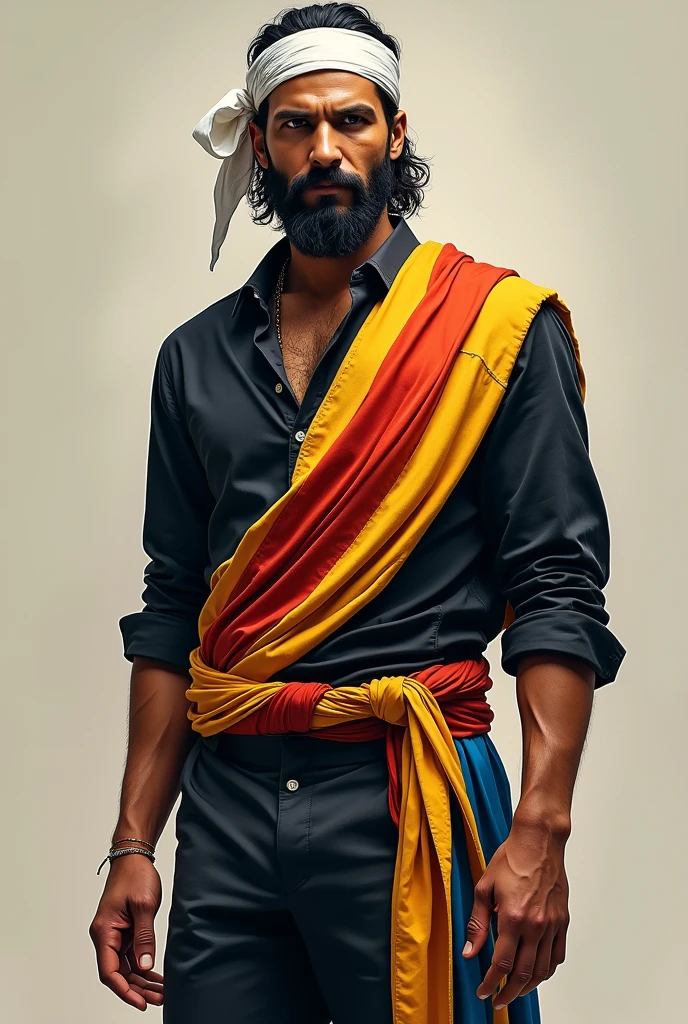 man wearing black pants and shirt with yellow, red and blue sash and also wearing white bandana