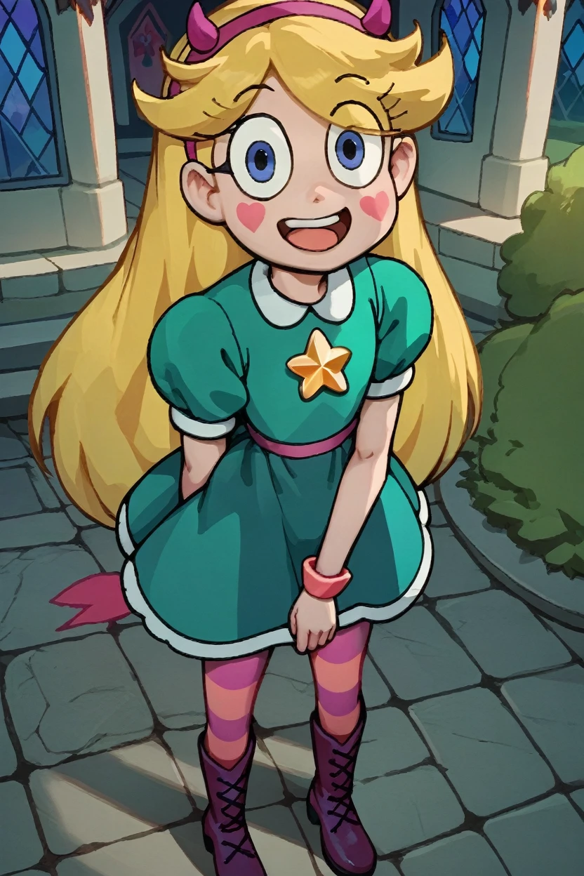 Star Butterfly, yellow hair, headband with little horns, teal dress, pink striped pantyhose/purple up to the hip, Boots, In a castle, happy, from above. 