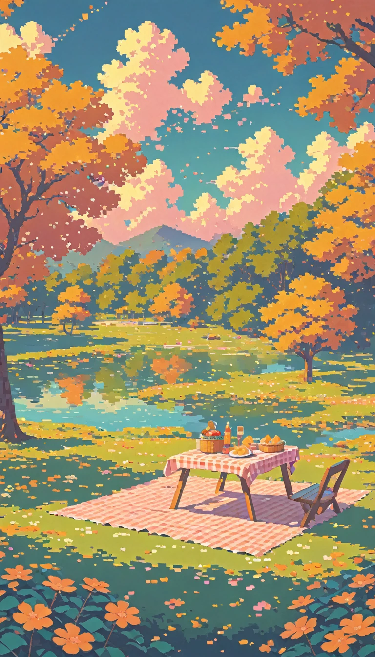 landscape lofi pixel, No people ,Cozy,Orange Pink,picnic