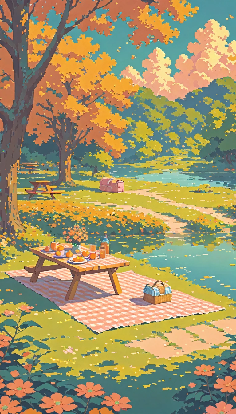 landscape lofi pixel, No people ,Cozy,Orange Pink,picnic