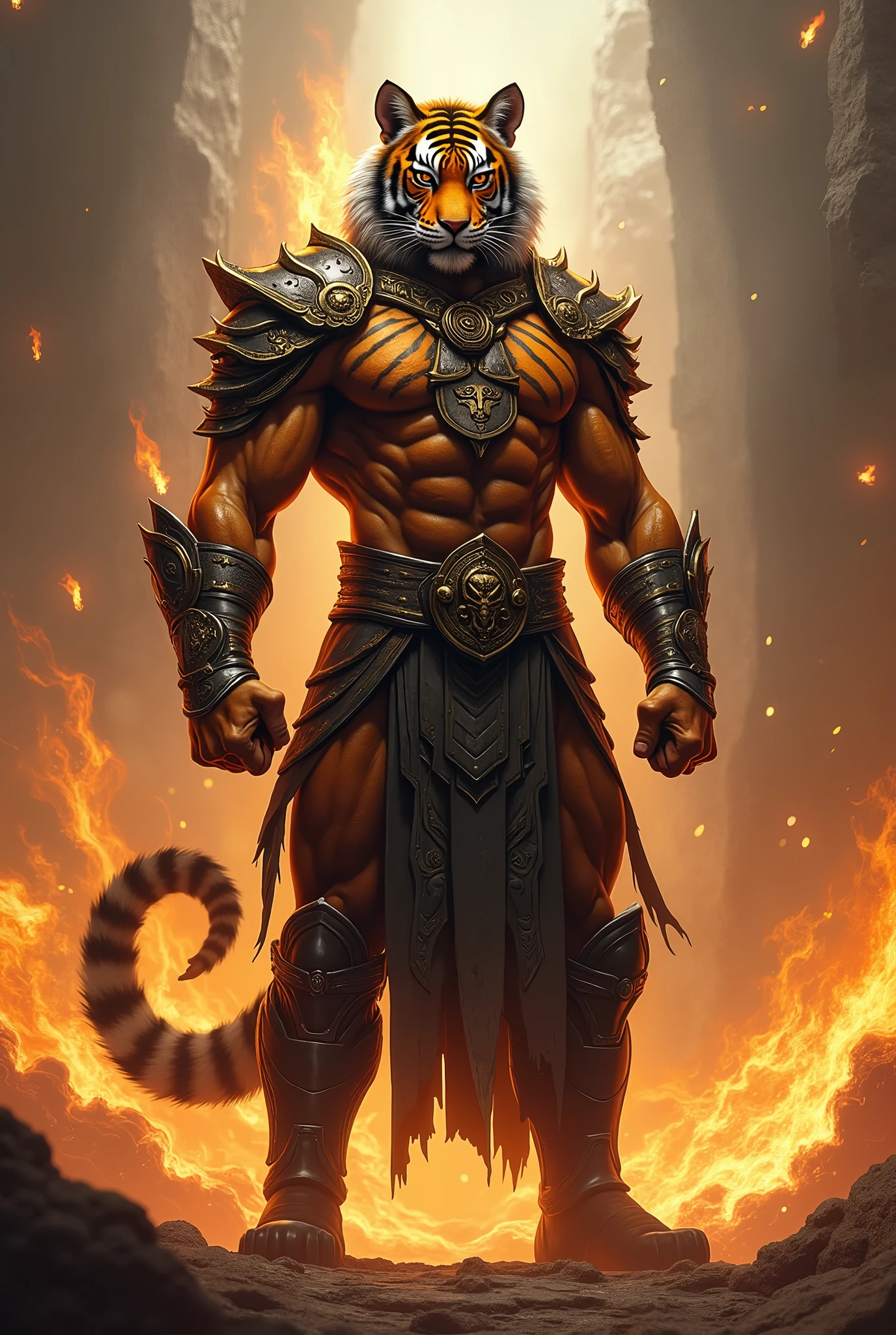 Tiger in human form, cool, warrior, clearly,พื้นหลังมีเอฟเฟกต์ไฟ