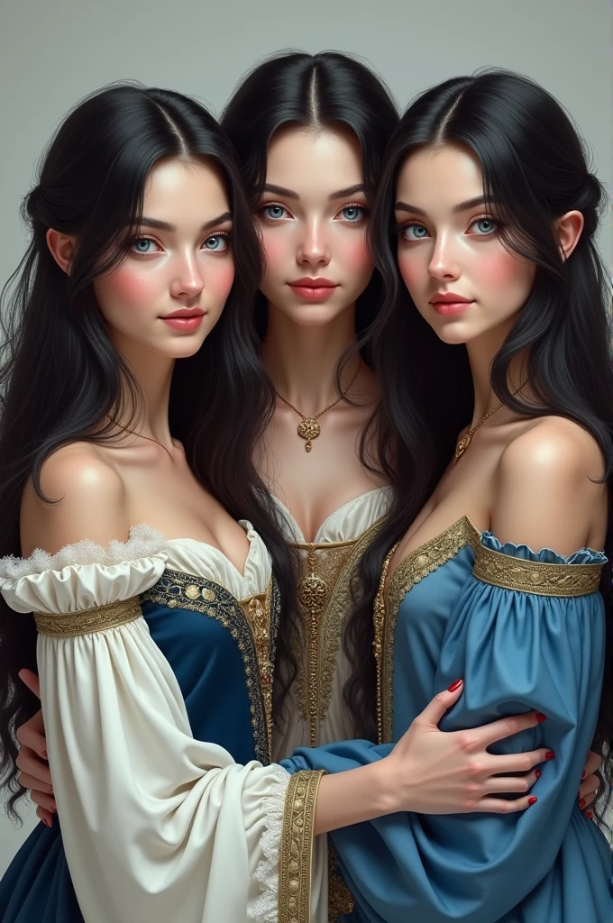 A realistic portrait of a 3 woman with long black hair and blue eyes, featuring aristocratic facial features and a friendly expression. She has pale skin and is dressed in medieval-style clothing, with flowing garments in shades of blue and silver. Her attire reflects noble status, with intricate embroidery and elegant details suitable for a lady of high birth in the Middle Ages
