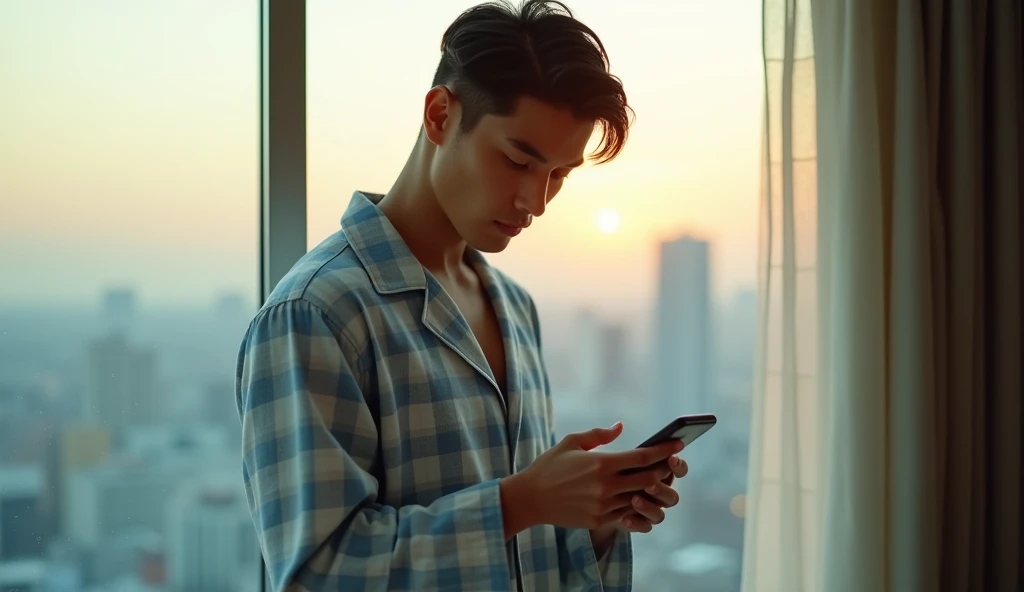 a handsome tanned japanese man, wearing light blue cotton plaid closed pajamas, seen standing near glass window in his apartment on 23th floor, holding his black smarphone and fixing hair and smile to camera, particles and nice lighting, UHD, HDR, 8k, Masterpiece