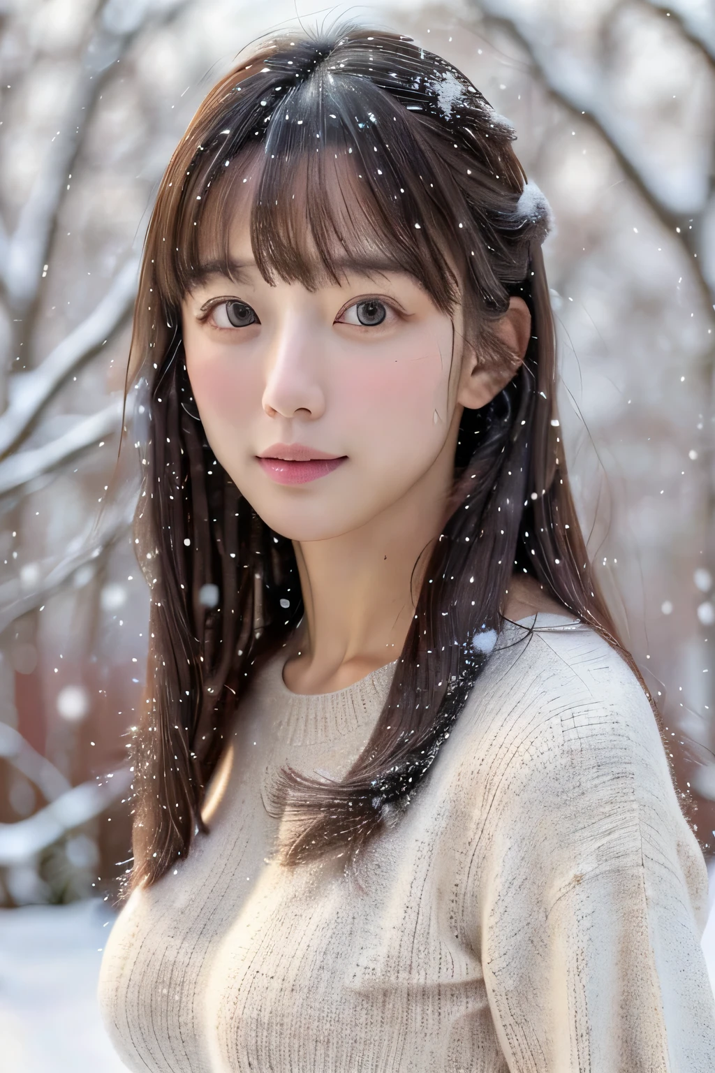 (masterpiece:1.35),(best-quality:1.4),8k,ultra-detailed,photography,(ultra-realistic:1.4), adult girl, long hair, sweater, snowing background, Large Breast, Slim Body, Cute face,