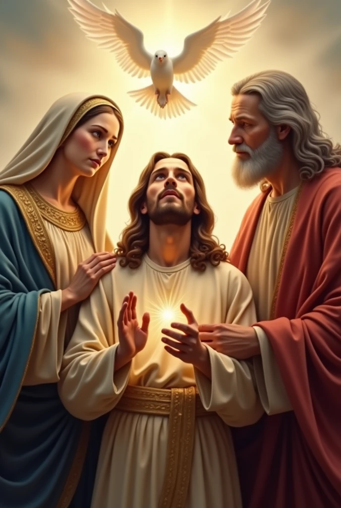 Make me a photo of mother mary, holy spirit, god father, jesus, Very realistic, photo taken using a Nikon camera