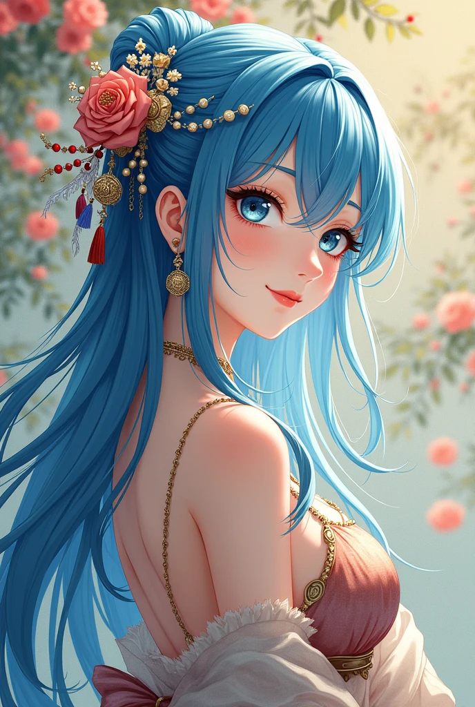 Solo, Long Hair, Smile, Blue eyes, 1girl, High Resolution, Blush, Large breasts, From Side, Wide Shot, Jewelry, Ukiyo-e, Best Quality, Quality, Super Detailed,