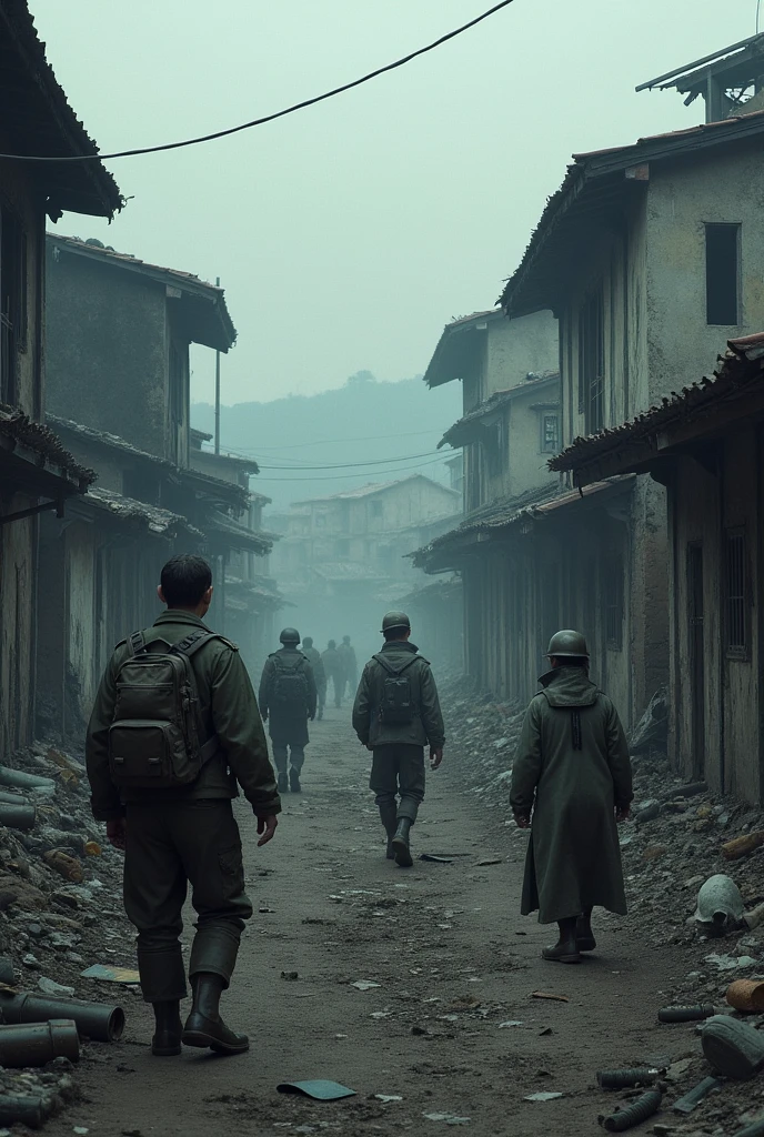 Korean War background with destroyed village