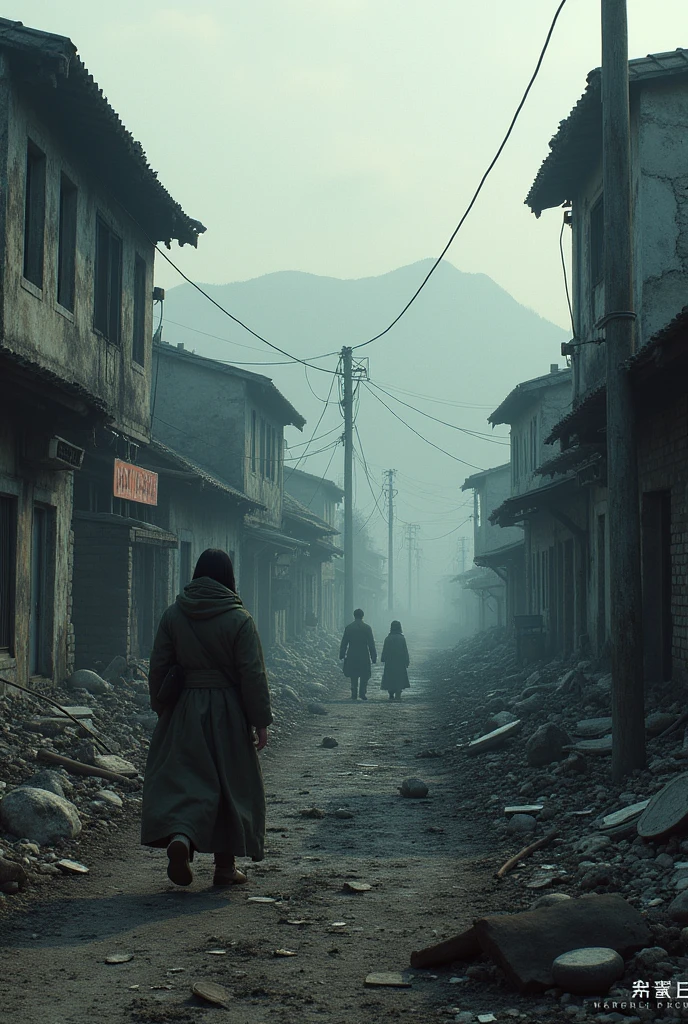 Korean War background with destroyed village