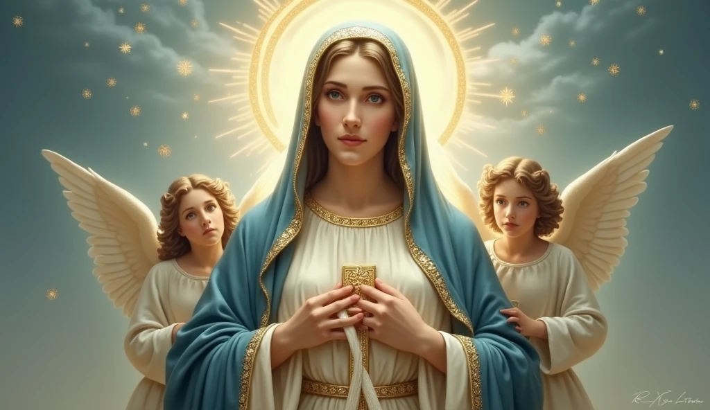 Create three more high-definition images of Our Lady Undoer of Knots, presenting it in a traditional artistic style. Mary must be represented with a serene and maternal expression, with a deep blue cloak and a white tunic. Your eyes should convey compassion and wisdom. The image should include subtle details, like a white and gold sash or ribbon, that she is holding or that is being undone by her hands, symbolizing the action of untying the knots. The cloth of Mary's garment should have a soft shine, reflecting heavenly light. Ao fundo, a halo of soft, golden light should emanate, creating an aura of holiness and peace around Mary. The background should be a soft gradient of blue and gold tones., evoking a sense of serenity and divinity, with two angels around him. Add subtle decorative elements, like small symbols of ropes or undone knots integrated into the background. Include refined details, like delicate textures in the garments and a serene expression on Mary's face. Make sure the image is of high quality and resolution., with special attention to detail and clarity."