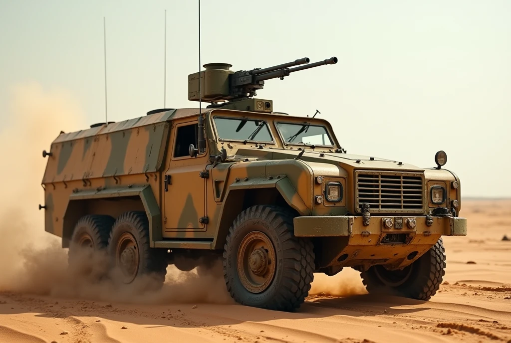Aston Martin WWII Half-Track、Shallow depth of field、(masterpiece:1.3) (最high quality:1.2) (high quality:1.1)、Cinematic Light, ((Cinema Lighting),(Natural light),(High level of artistry),(artistic),(Genuineと見分けがつかない品質),RAW Photos,Genuine,Genuine,High resolution,RAW Photos,masterpiece, beautiful,Roof hatch and roof mounted machine gun.Heavily armed, Heavy Armor, Military Vehicles, Military weapons, Military equipment, Camouflage,desert