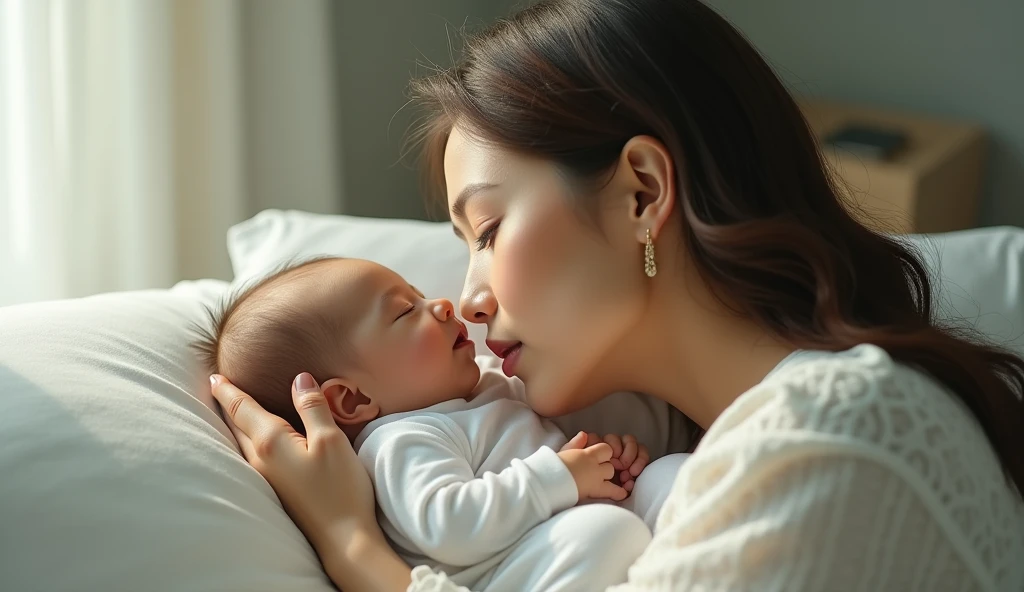 Woman angle of sleeping in the dream of small baby