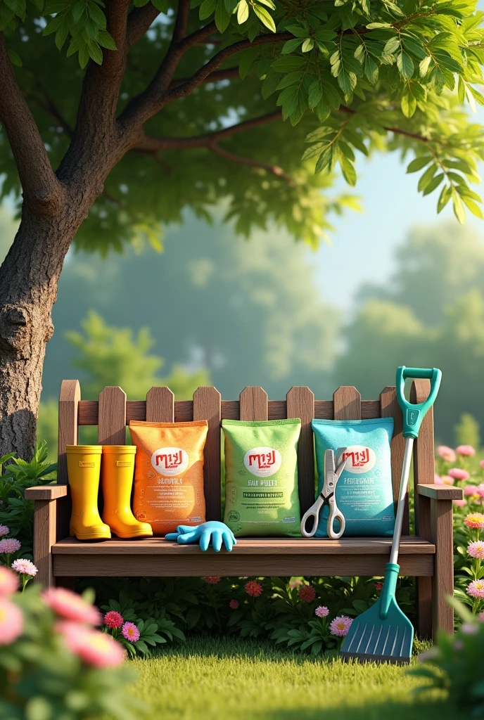Terdapat 3 bungkus baja dan sepasang kasut getah kebun berwarna kuning dan gunting pemotong pokok bunga berwarna silver dan sepasang sarung tangan getah berwarna biru di atas sebuah bangku kayu di bawah pokok besar, terdapat penyapu dan pencakar rumput bersandar di bangku tersebut, 3D Style dengan latar belakang sebuah Taman bunga