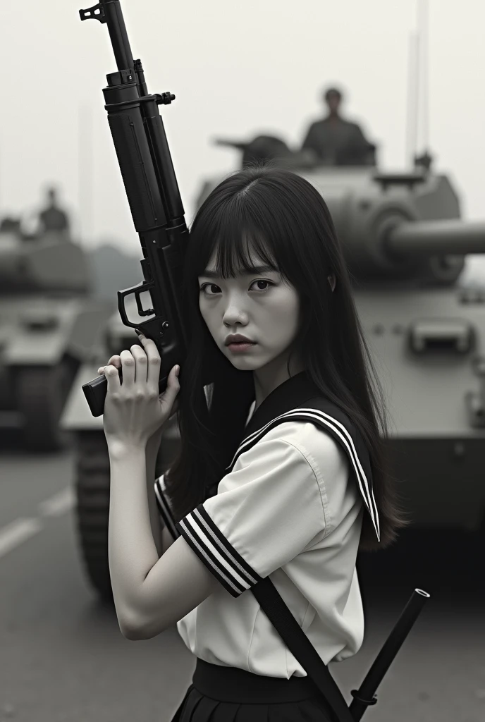 Realistic, 戦争ドキュメントのBlack and White Photography, Beauty Sniper, Photorealistic, Highly realistic photos, (Has an assault rifle:1.21), (Assault rifle held diagonally upwards:1.21), Anatomically correct5Finger, Black and white photography:1.37, Black and White Photography:1.37, from side:1.21, Above the knee shot, Close your lips, Portrait of a Japan woman:1.21, School uniforms, Sailor uniforms from famous Tokyo Metropolitan High Schools, Short sleeve clothing, Short-sleeved sailor uniform:1.21, sera fuku:1.21, The upper body is wearing a uniform:1.21, With a Japanese sword on his back:1.37, Brown Hair, Straight Long Hair, Beautiful hair blowing in the wind, Background with tanks, (A tank approaches from behind:1.21), (Patton tank:1.21), Students in the 1970s, Cute Japanese woman's face:1.21, Beautiful Japanese woman face:1.21, Sharp eyebrows:1.37, Anxious face, White skin:1.21, Fine skin, Glowing Skin:1.21, Dynamic composition, Serene monochrome photography, レトロなBlack and white photography, Dynamic and cinematic lighting,