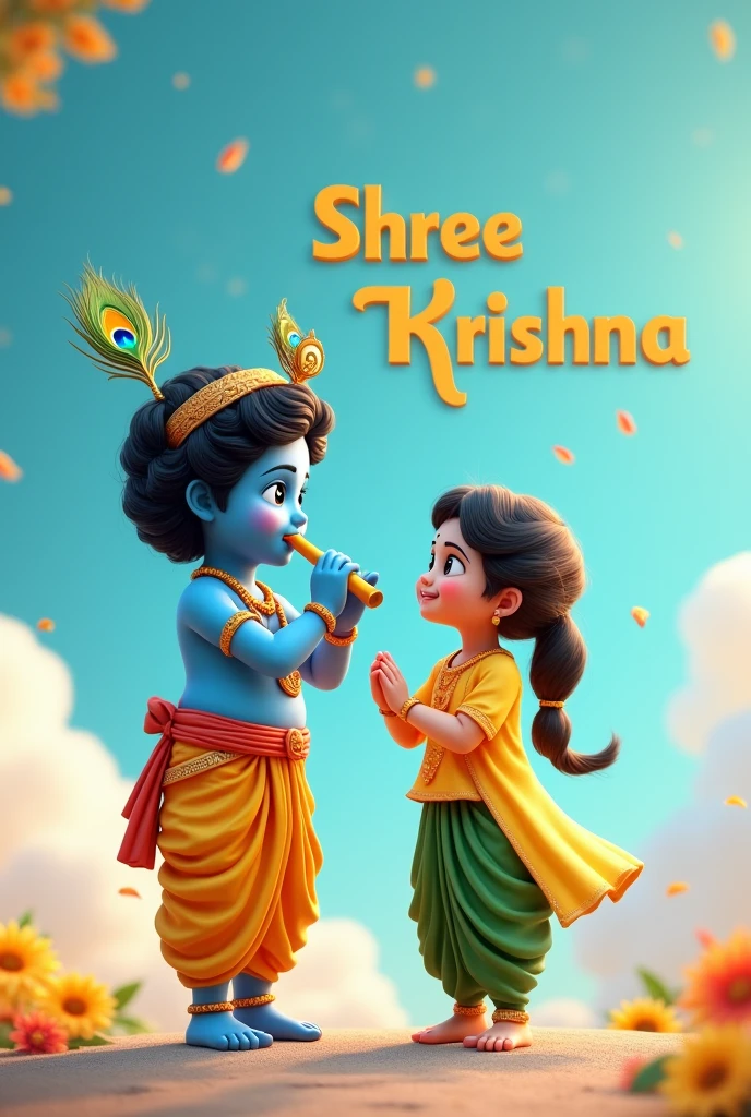 "Create a 3D image of Lord Krishna in his 'Little Krishna' avatar, shown as a divine  with blue skin, adorned with a peacock feather in his crown, wearing a traditional yellow dhoti, and playing a flute. Beside him, include an 1 girl wearing a green salwar and yellow kurti with the name 'Vandana' written on the kurti. The background should feature a clear blue sky with 'Shree Krishna' written in a combination of yellow and green colors. The scene should be joyful and divine, with vibrant colors and soft natural lighting."