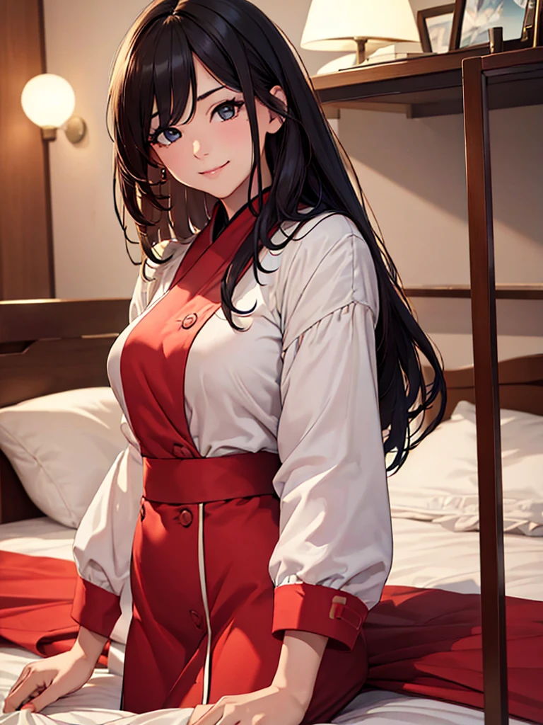 (masterpiece、top-quality、hight resolution、Unity 8k、extremely details CG:1,Best Picture), red ribbon, hotel room, on the bed, "A playful woman with a teasing smirk, her eyes full of mischief, as she mocks someone for using her as 'Masturbation material.' Her body language is confident, with a slightly raised eyebrow.", "A seductive woman posing provocatively, fully aware that this photoshoot will be used as 'Masturbation material.' Her expression is one of playful acceptance, with a hint of a knowing smile."