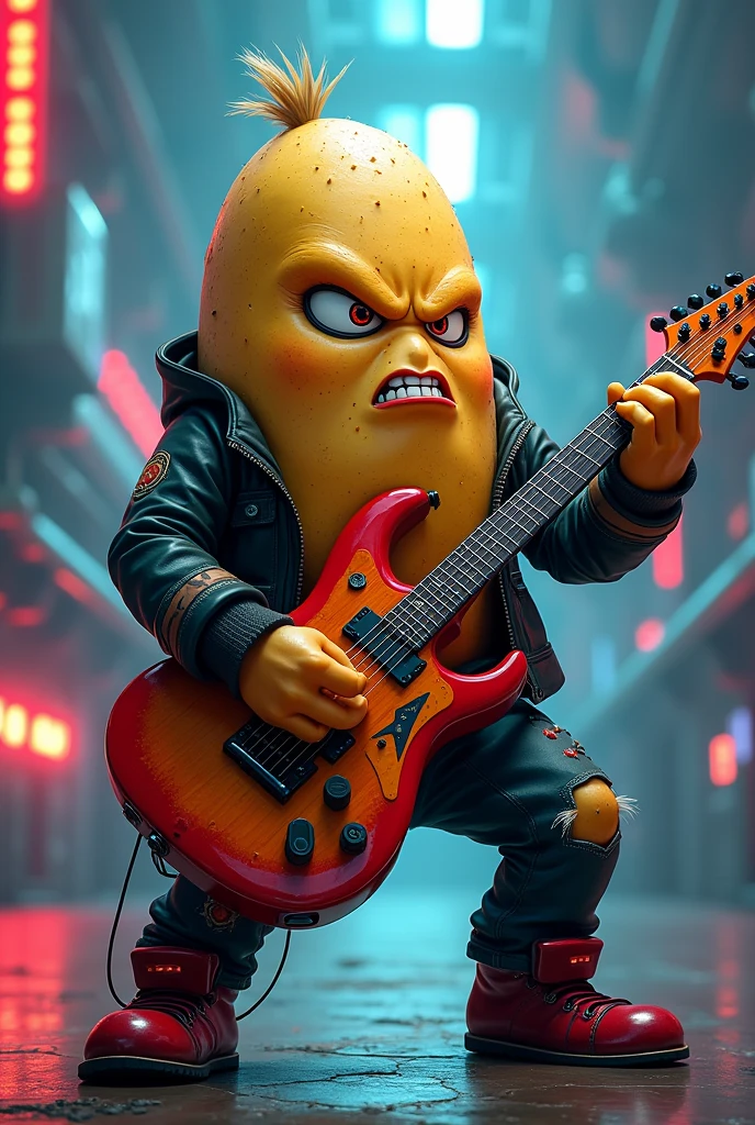 An sci-fi anime rockstar potato that looks fierce holding an electric guitar