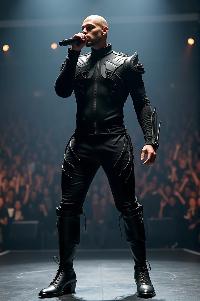 Create an innovative, futuristic and very masculine outfit for a male singer .That gives the impression of a powerful man.Let your posture be forward in movement, singing with microphone in hand , with a lot of people watching him attentively .Someone imposing with broad shoulders but a solid, athletic body with a narrow waist that is very manly. .
Let your garment be new, something never seen before. In black and dark grey tones, it is made with fine details for the torso, it could be a shirt, a sweatshirt or something very close to your body..With fine futuristic details  .But his torso is covered and with novel details in the pants that give it a futuristic impression..
With shiny black vinyl boots with novel details such as a thin, non-rounded toe that also has high, square heels that give it height., slim the singer and stylize him .

