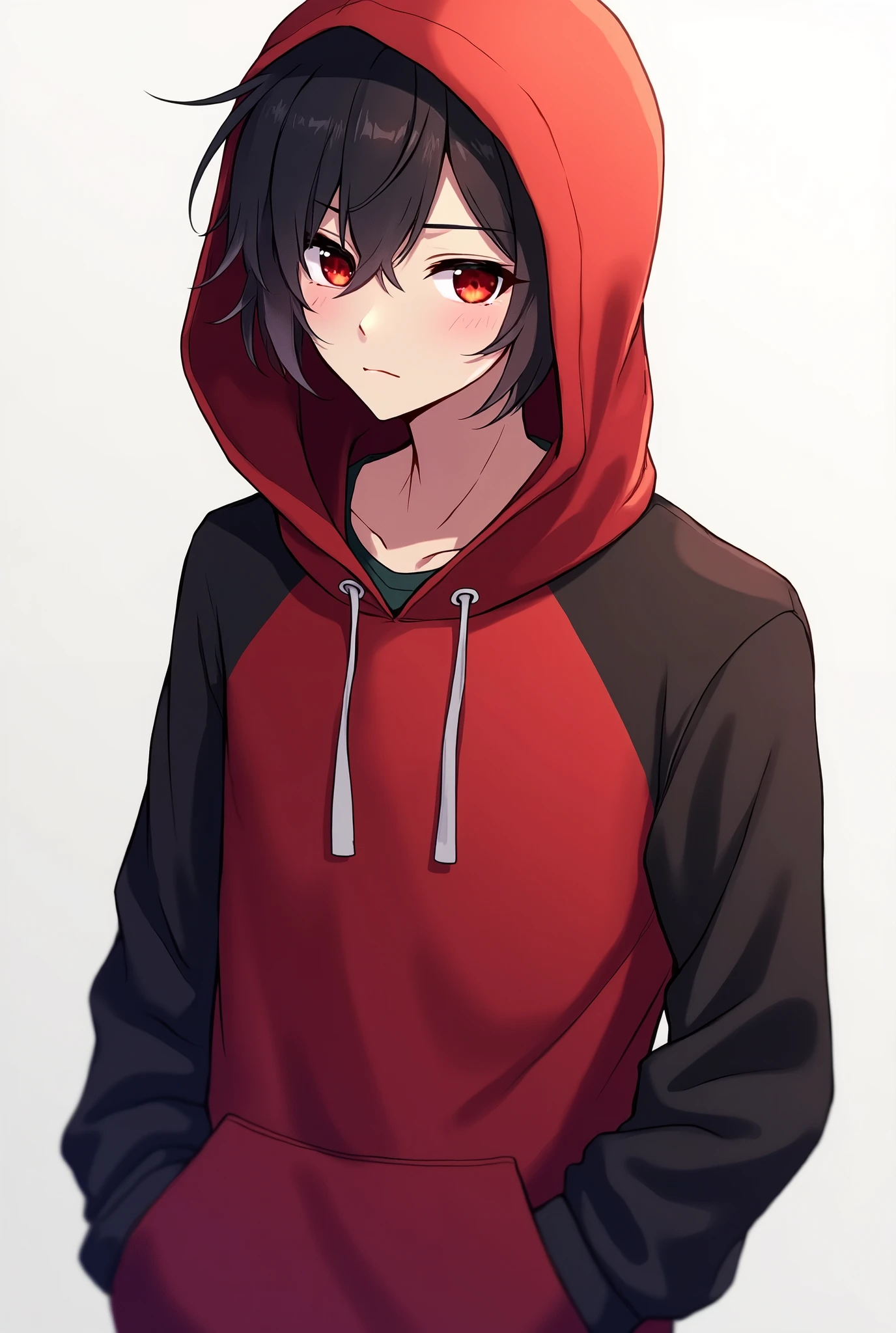 anime male character wearing a red and black hoody, the expression on his face is lazy, droopy, and somewhat uninterested, he has red eyes, his attitude is laid-back and nonchalant and restless, he looks as if he could care less about anyone or anything.