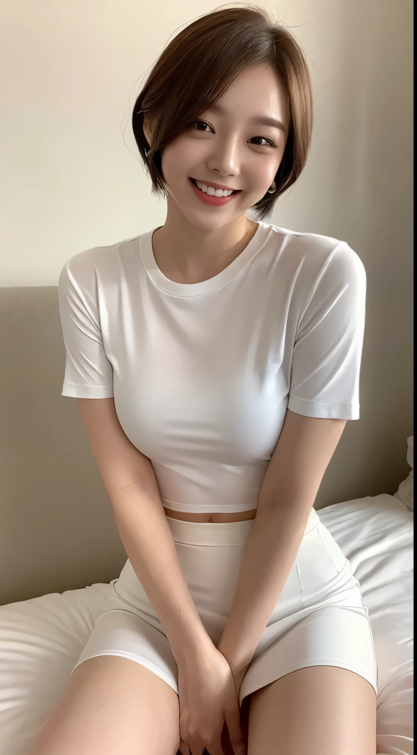 White tight shirt、White tight mini skirt、bed、smile、Short sleeve、High resolution、Korean idol face、double eyelid、White teeth、short hair