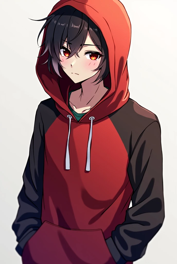 anime male character wearing a red and black hoody, the expression on his face is lazy, droopy, and somewhat uninterested, he has red eyes, his attitude is laid-back and nonchalant and restless, he looks as if he could care less about anyone or anything.