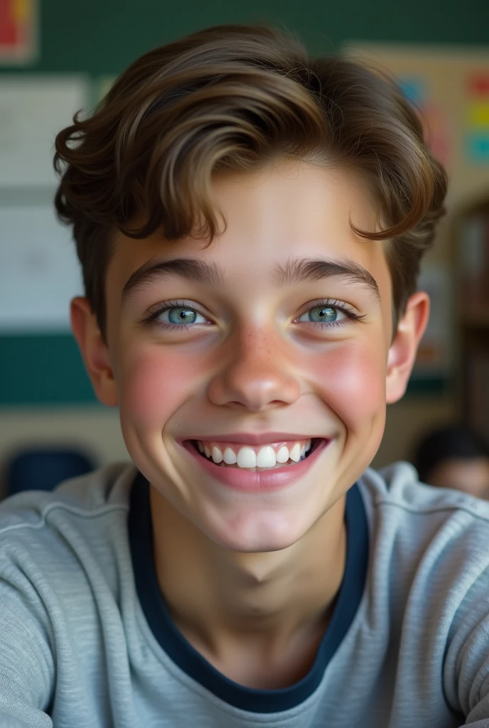 A real 1 white sexy cute boy with pink lips, white teeth smiling and blue eyes ultra realistic in a classroom 