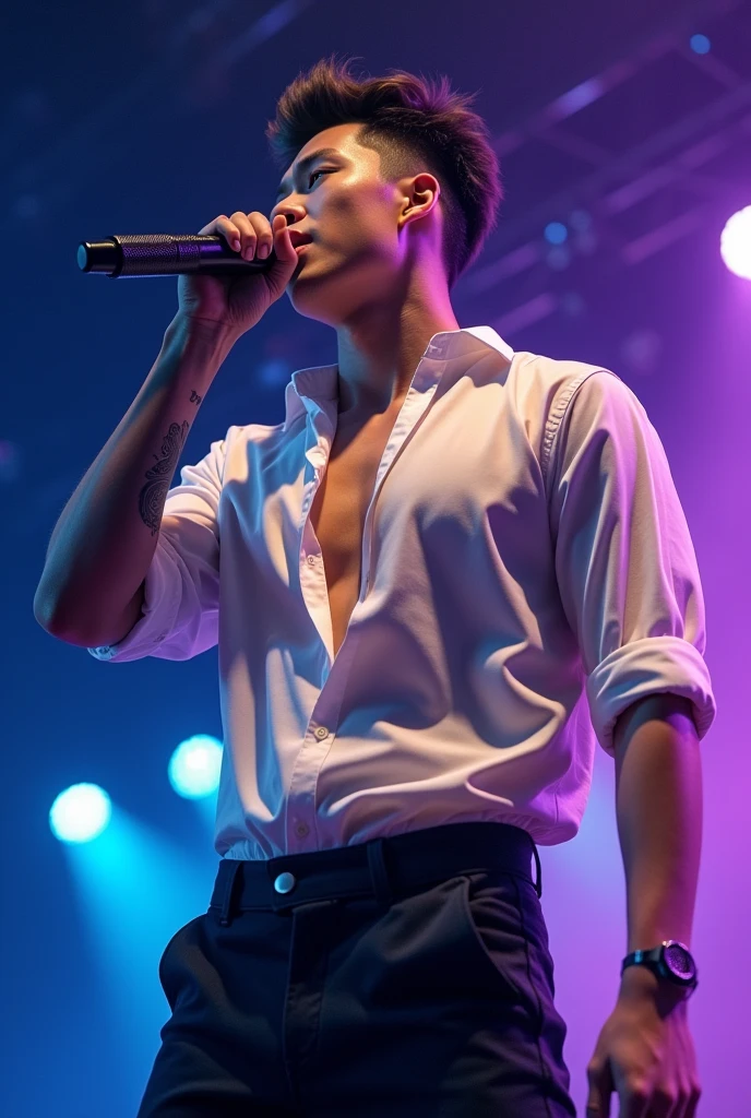 Young Asian Singer Man 2, kpop style. Strong and toned male body , stylish modern hair. tattoo on arm. Tight pants and open button-down blouse with beautiful body showing. singing with a microphone