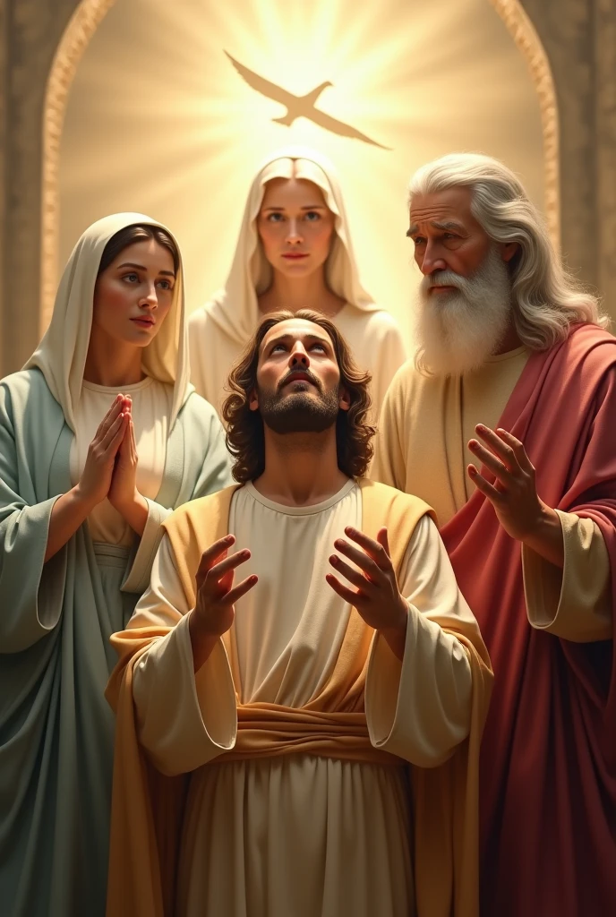 Make me a photo of mother mary, holy spirit, god father, jesus, Very realistic, photo taken using a Nikon camera