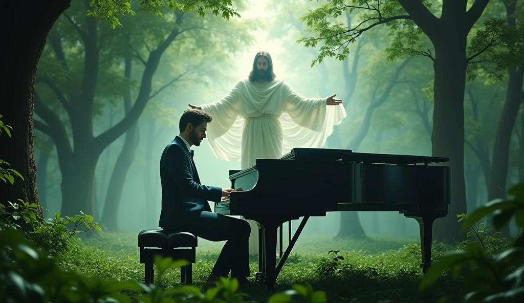 A serene scene of a sad male pianist playing a grand piano in the middle of a lush forest, ethereal spirits surrounding him, Jesus gently hugging the pianist from behind, soft ambient lighting filtering through the trees, highly detailed, cinematic atmosphere,tranquil and mystical setting, 4k resolution