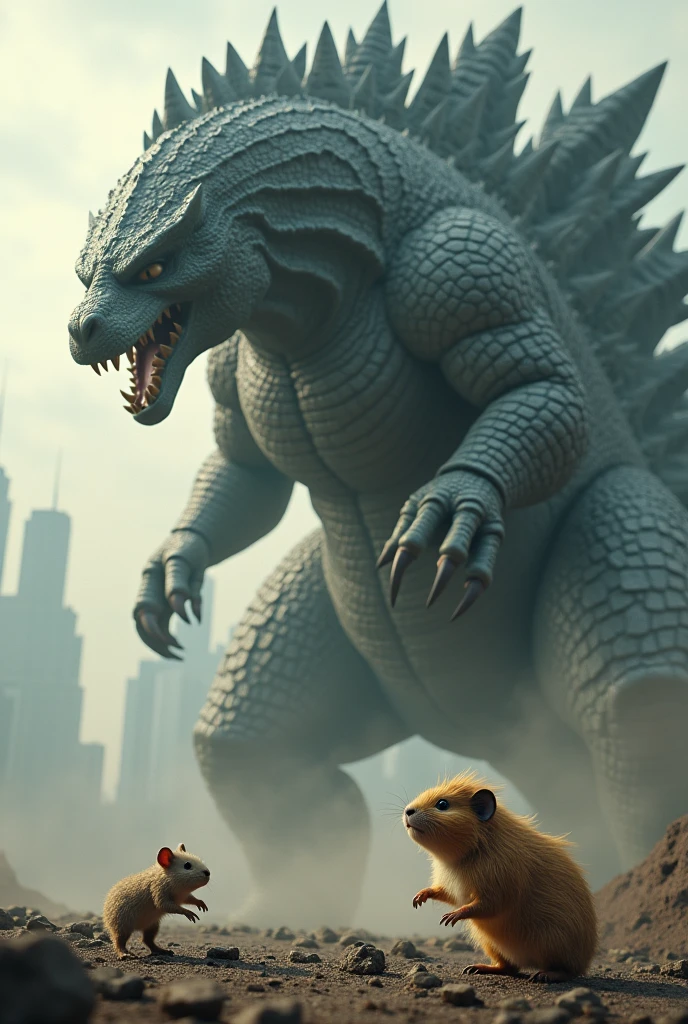 a big godzilla figth a small guinea pig