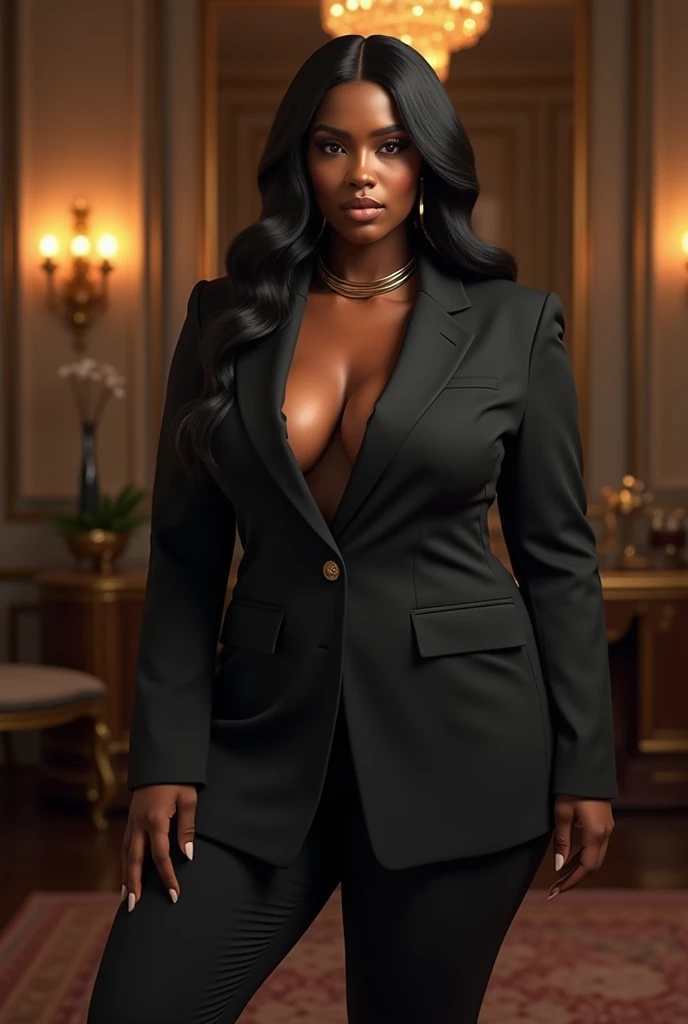 A body that looks like it's going to burst with muscles fat model,A body that looks like its clothes will burst with muscles,Create a high-resolution realist 3d image of a dark skin toned melanin elegant woman with a findom dominant and commanding persona and Prescence wearing luxurious attire, such as a tailored suits or designer dress, and posed in a confident stance. full body tall and plus size curvey body 5'9 265 lbs This mage should exude power, control, and sophistication, with a hint of mystery. the back ground is lavish hight rise office or a luxurious richly decotated tool reflecting wealth and power