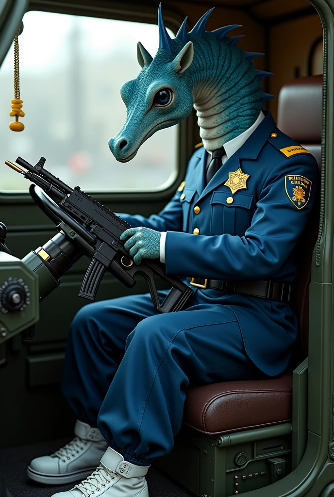 A sea horse with a police uniform with a white sneakers and hanging uzi weapon and driving the armored vehicle