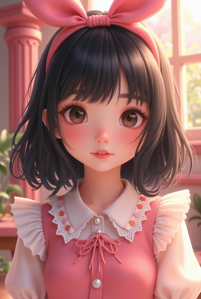 south girl with shoulder length, black hair and bangs and large brown eyes. she is wearing pink kawaii clothing.