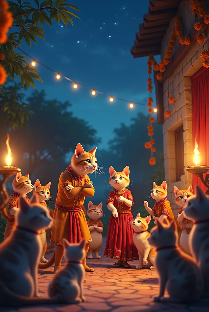 Prompt 8**: A group of village cats gathered around handsome male actor and beutifull lady like actress cat Meera's home, dancing and singing. The scene is festive, with oil lamps, marigold garlands, and the starry night sky above.