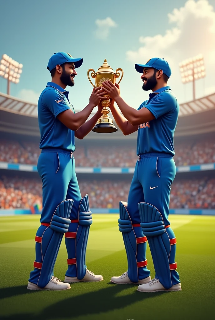 Rohit Sharma with World Cup trophy in cricket stadium with virat kohli