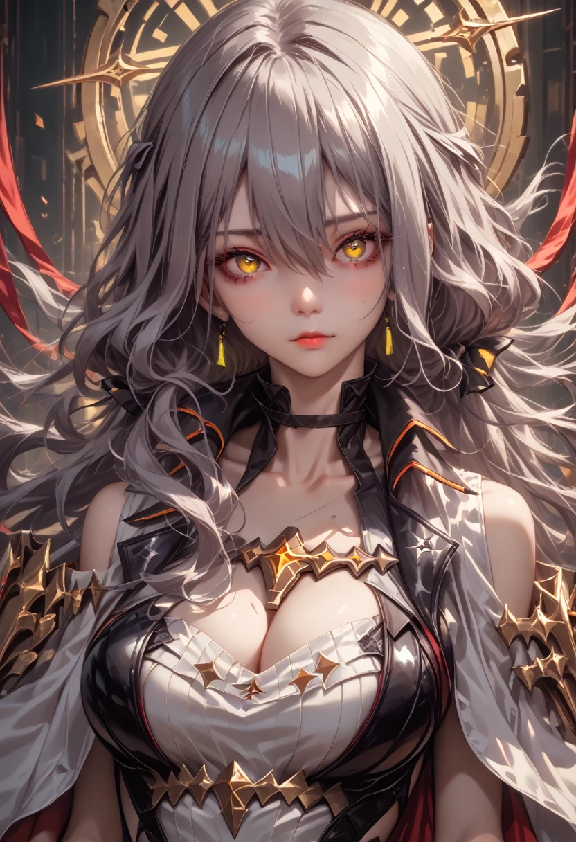 scarlet (nikke), 1girl, highres, grey hair, long hair, looking at viewer, absurdres, hair between eyes, large breasts, medium breasts, cleavage, yellow eyes,score_9, score_8_up,score_7_up, masterpiece, best quality, perfect anatomy, very aesthetic, 8k