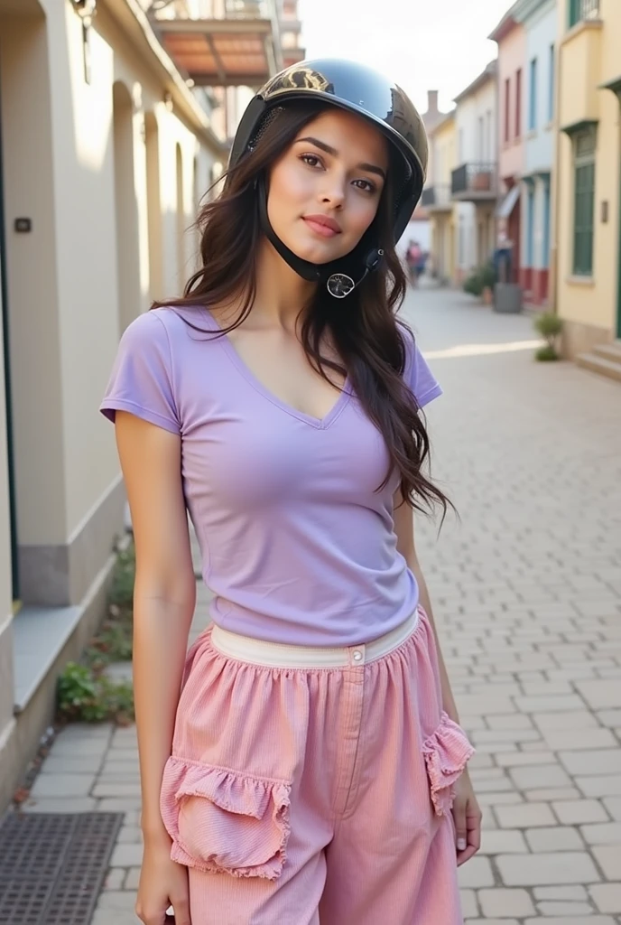20 years old cute indian girl , mesomorph body , 25% fat body , long hair , short black dress , sexy and hot , big boobs , deep cleavage  , sexy navel , rider girl with helmet , 