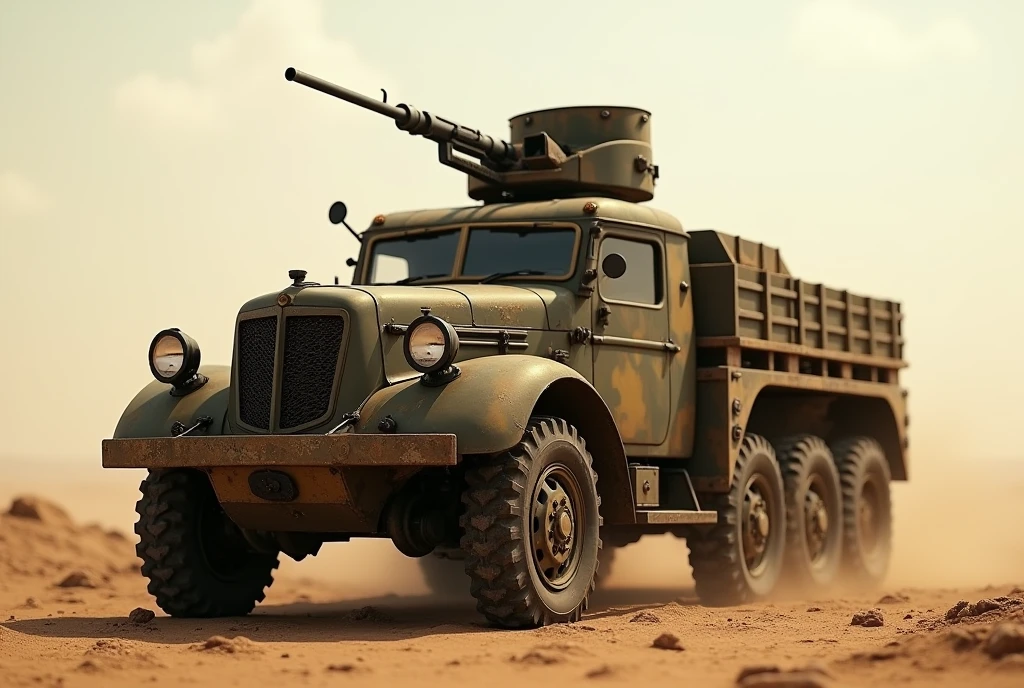 Renault WWII Half-Track、Shallow depth of field、(masterpiece:1.3) (最high quality:1.2) (high quality:1.1)、Cinematic Light, ((Cinema Lighting),(Natural light),(High level of artistry),(artistic),(Genuineと見分けがつかない品質),RAW Photos,Genuine,Genuine,High resolution,RAW Photos,masterpiece, beautiful,Roof hatch and roof mounted machine gun.Heavily armed, Heavy Armor, Military Vehicles, Military weapons, Military equipment, Camouflage,desert