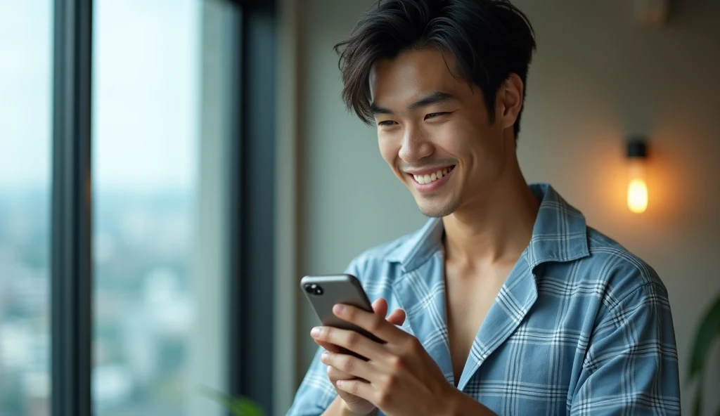 a handsome tanned japanese man, wearing light blue cotton plaid closed pajamas, seen standing near glass window in his apartment on 23th floor, holding his black smarphone and fixing hair and smile and looking at camera, particles and nice lighting, UHD, HDR, 8k, Masterpiece
