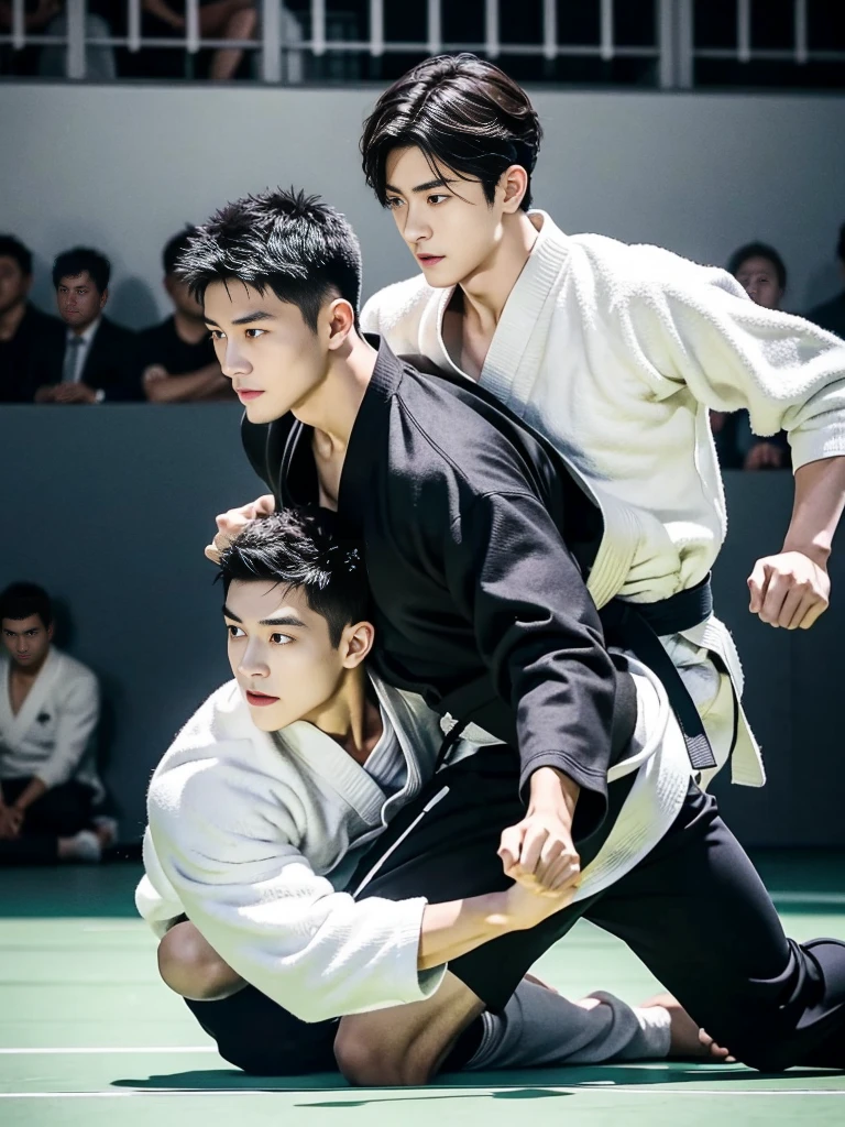 Cinematic Photo of 2 handsome japanese men 25-30 y.o fashion model, black colour hair. They are now playing judo in the competition.