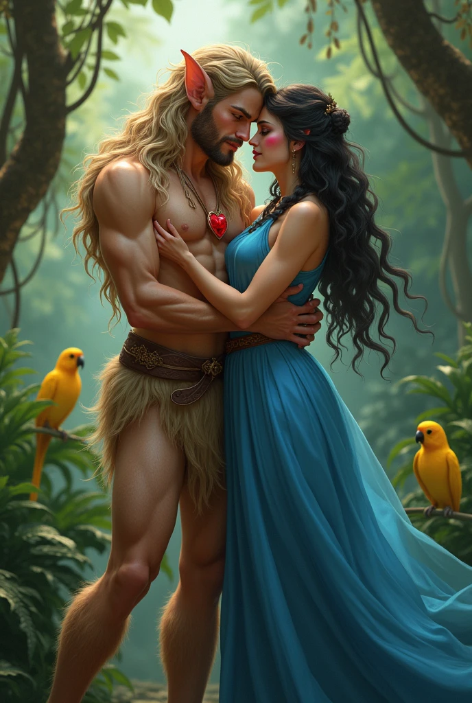 A handsome, thin young man with long beige hair down to his knees. He is bare-chested and tanned.. Legs are fluffy, covered with brown fur, all fur, he is still a faun or a satyr. He is very young.. Looks only . Facial features are masculine, Asian. He is thin built.. He has a red heart pendant on his chest. He is being embraced by a woman in a bright blue floor-length tunic.. The woman has black braids down to the ground. On the head is a translucent veil reaching to the floor. The woman's eyes are green. There is a brown belt on the tunic. Shoes women brown greek sandals. Woman smiling. She has tanned skin and a pink blush on her face.. Background impenetrable jungle of ferns. In the background there is a yellow parrot.