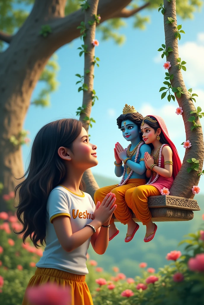 . create a 3D realistic picture "A girl is worshiping Shree Krishna and Radha ji and both are sitting on a swing and shree krishna playing flute  and "Veshu" is written on the girl's t-shirts and the girl is worshiping.