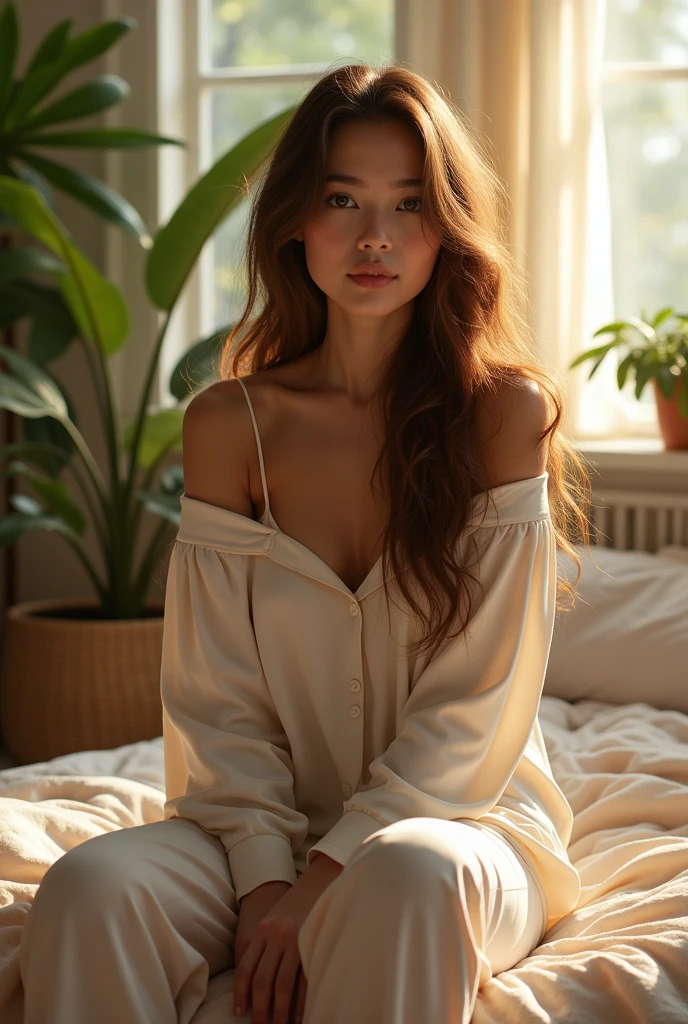 (photorealism:1.2), beautiful woman, sitting on bed, wearing loose off-shoulder top, pajama pants, long curly hair, indoors, soft lighting, plants in background, window with sunlight, cozy room, relaxed pose, realistic, intricate details, warm colors, by Greg Rutkowski, by Alphonse Mucha