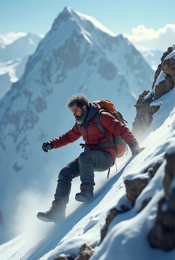 A 30 years Indian boy is slipping and falling from kailash mountain, his back side should be displayed. He has thin light beard and wears bag