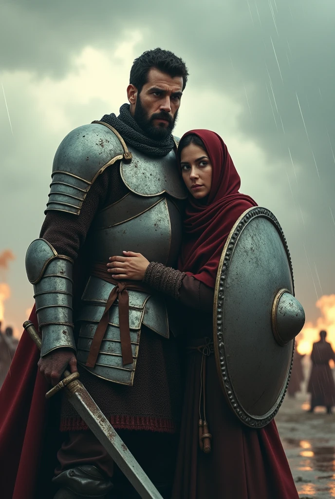 A muslim armoured man standing infront and in one hand holding a shield defending his hijabi wife holding her with the other arm from the bullet and arrow attacks of the enemies coming from the sky on a battlefield on a slight rainy weather