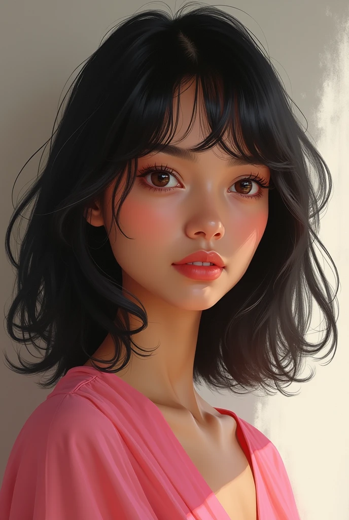 south Asian woman with shoulder length, black hair and bangs and large brown eyes. she is wearing pink clothing. simple background.