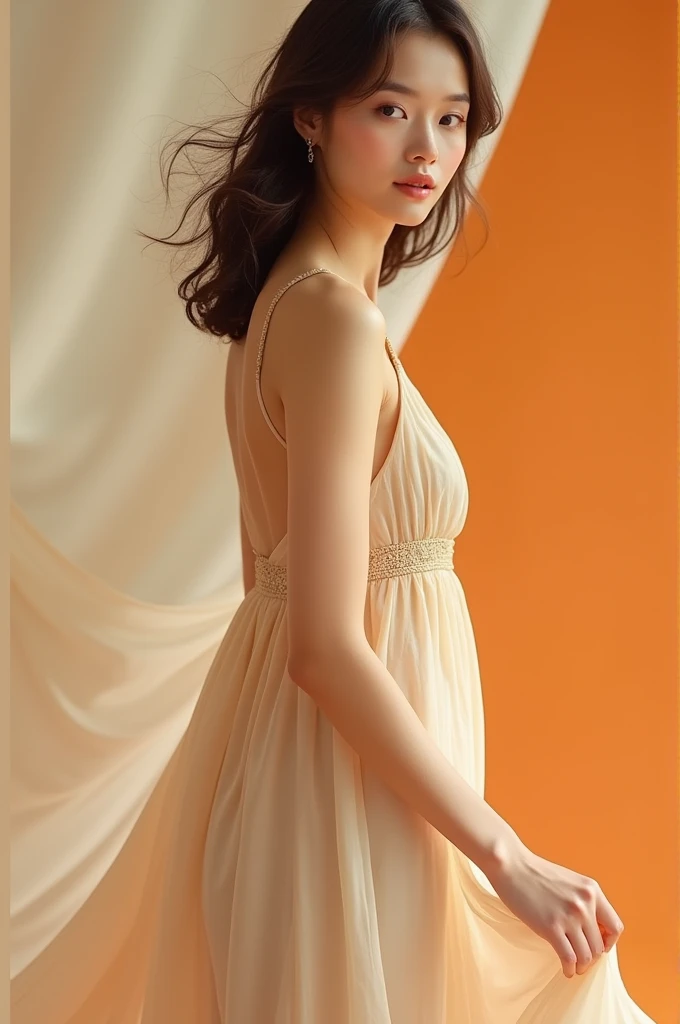 Beige dress with background of two complementary colors