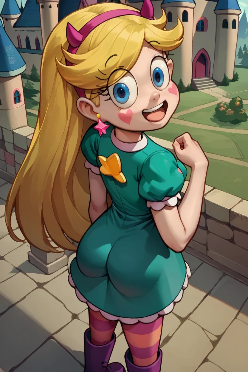 Star Butterfly, yellow hair, headband with little horns, teal dress, pink striped pantyhose/purple up to the hip, Boots, In a castle, happy, from above, She turns her back, lift their butts, send a kiss with one hand. 