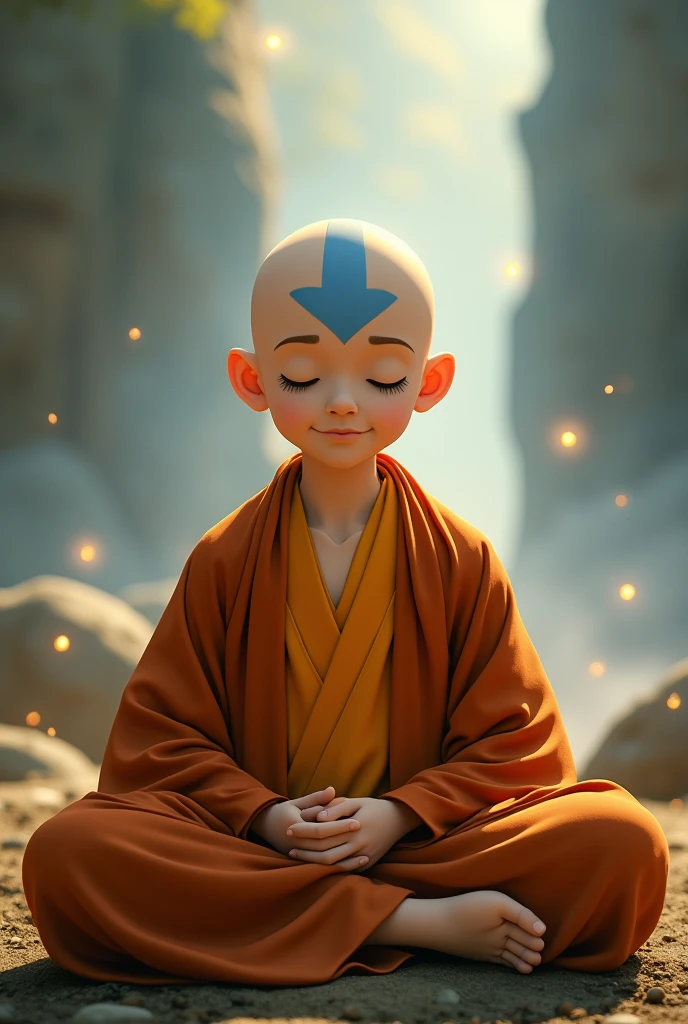 Anng the last airbender bald monk boy with a blue arrow on his head hands and feet , with orange clothes spiritual world , brooding