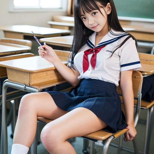 ((high quality,high resolution,High definition,8k)),School classroom,Baby Faced Girl,Long Black Hair,Red ribbon on hair,Navy blue long skirt,Japanese Sailor Suit,White slippers,White socks,Study desk learning,((((very cute)))),((School uniform or completely naked)),(((When you&#39;re naked　perfect pussy))),