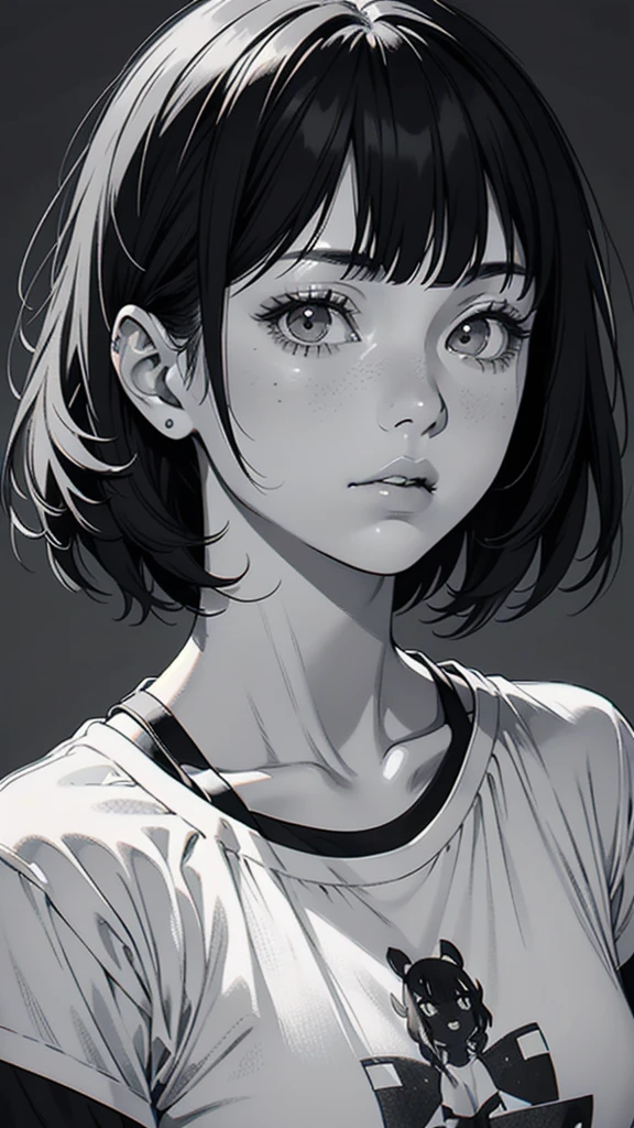 1 boyish girl, solo, sharp eyes, monochrome, greyscale, short black hair, portrait, T-shirt, closed mouth, looking at viewer, sketch, graphite \(medium\), detailed lips, hatching \(texture\), without makeup, bangs, upper body, (best illustration), (best quality), (very detailed), (masterpiece), expressionless,